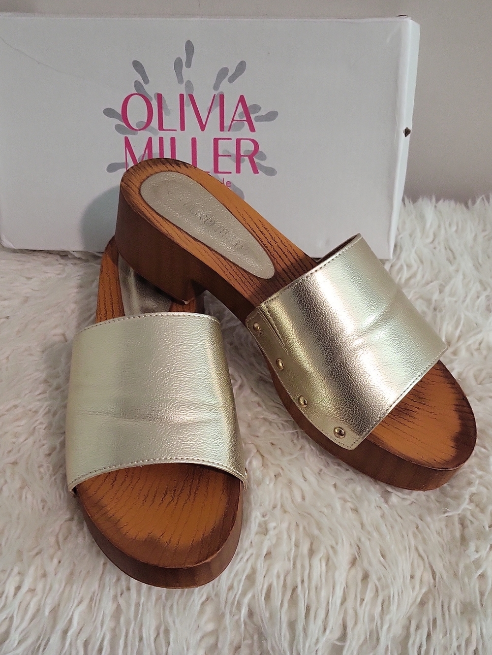 Olivia Miller Metallic Gold Slide Clogs with Wood-Effect Platform